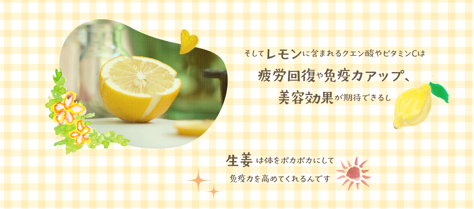 レモンや生姜は疲労回復、免疫力向上、美容効果が期待できます
